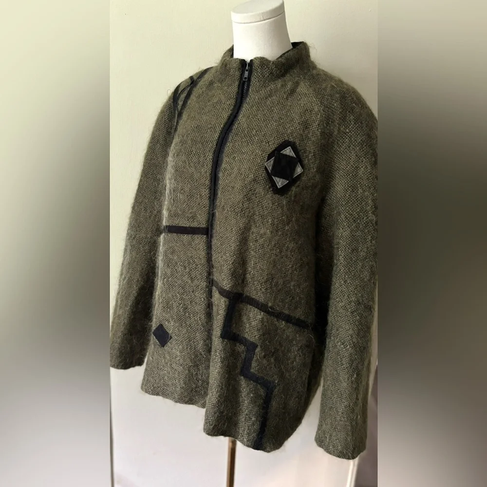 Vintage 80s‎ Canadian Green Wool Mohair Artistic Bohemian Funky Appliqué Coat - Picture 4 of 12